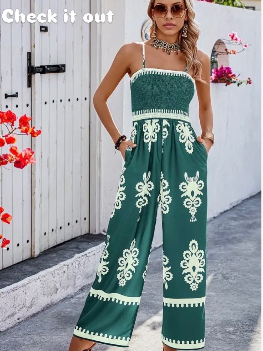 🐿️-Jumpsuit -Geo design Emerald Green & White -New- Boutique